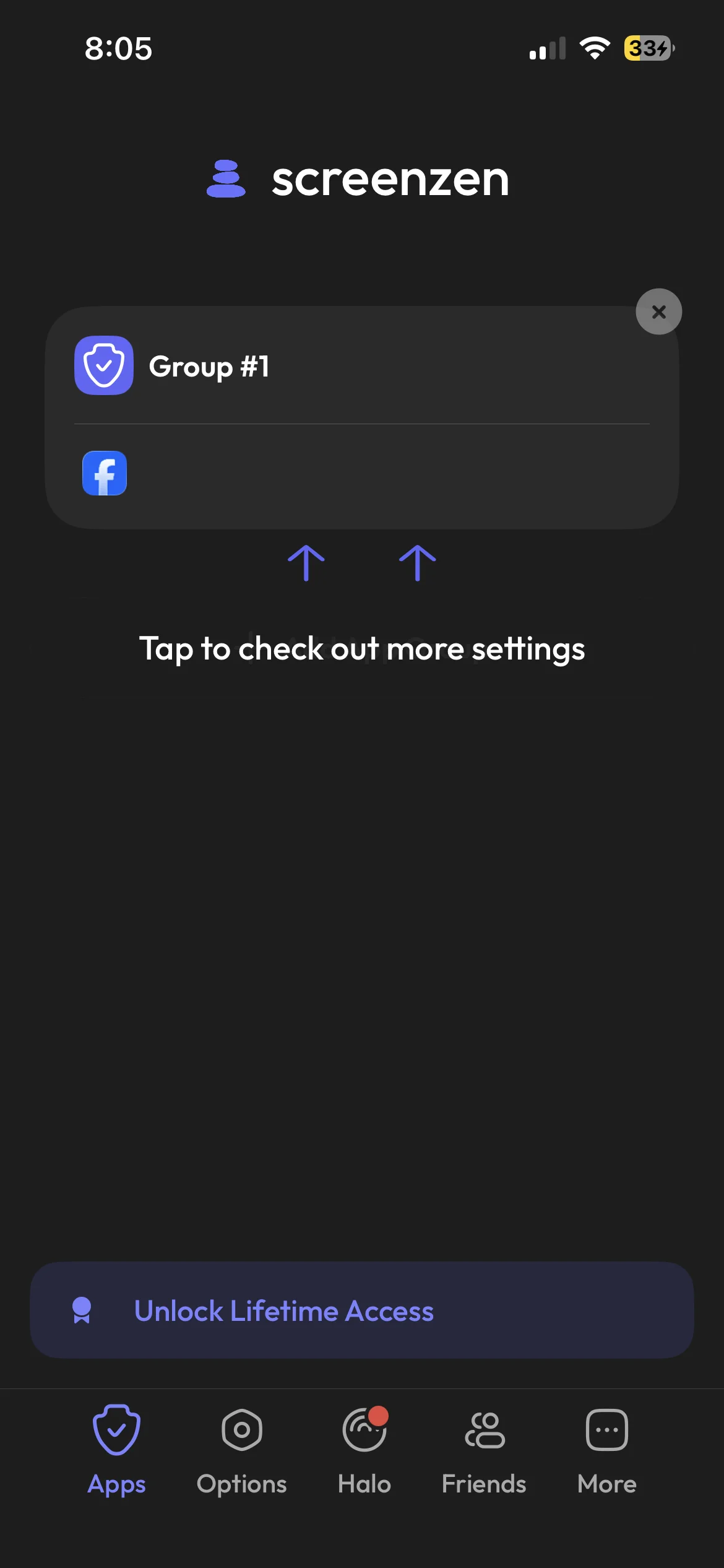 ScreenZen Apps tab showing a blocking group with Facebook added to it