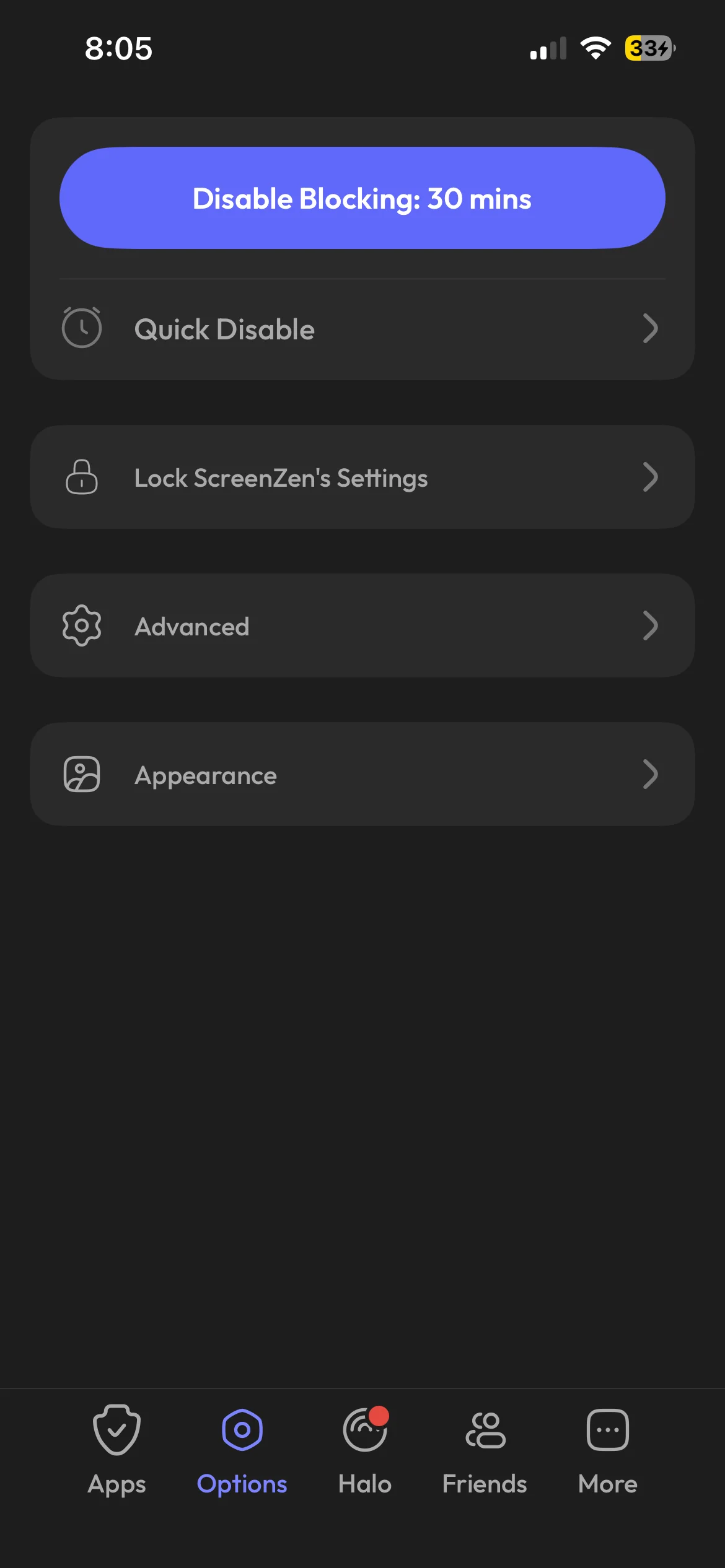 ScreenZen Options tab with a Disable Blocking timer and a settings lock