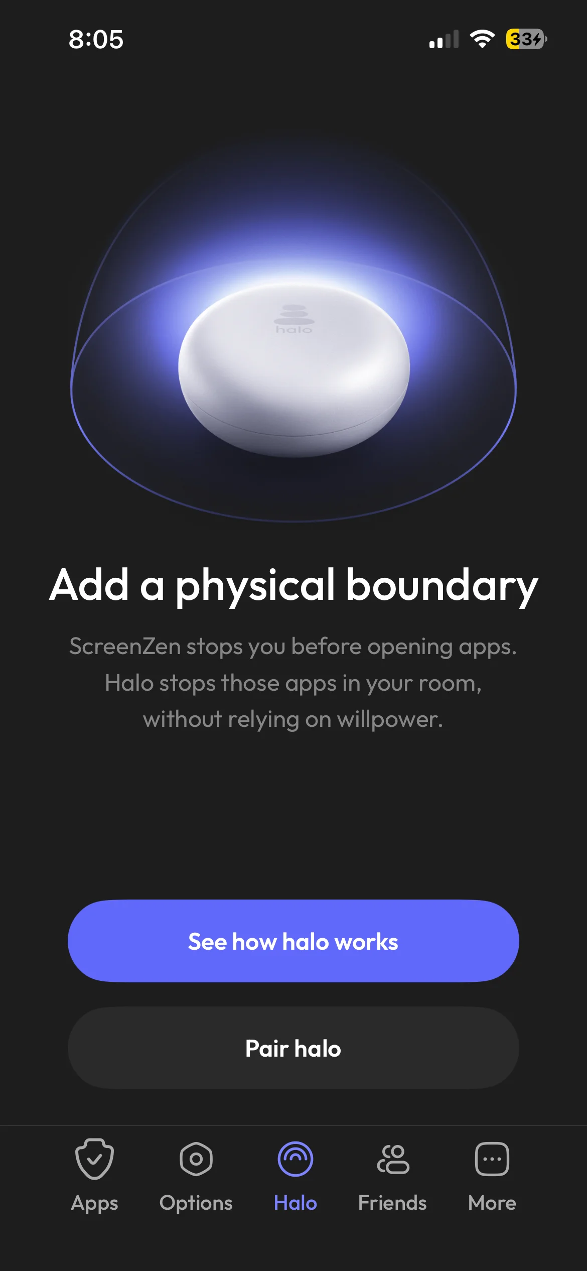 ScreenZen Halo tab pairing a physical hardware puck to block apps