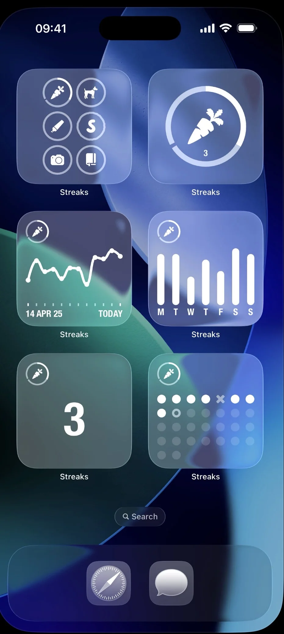 iPhone home screen with several Streaks widgets showing progress rings, charts, and streak counts