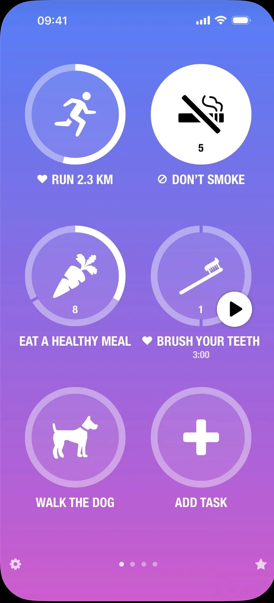 Streaks app main screen showing a grid of circular habit buttons like Run, Don't Smoke, and Walk the Dog