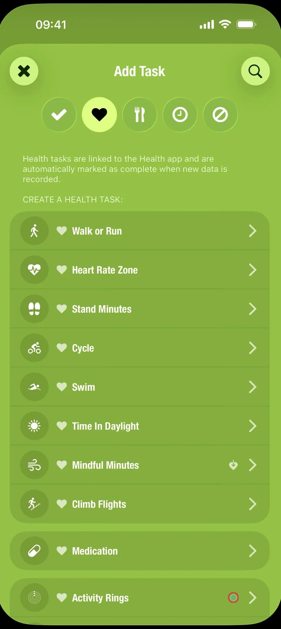 Streaks Add Task screen listing Health app linked tasks such as Walk or Run and Stand Minutes