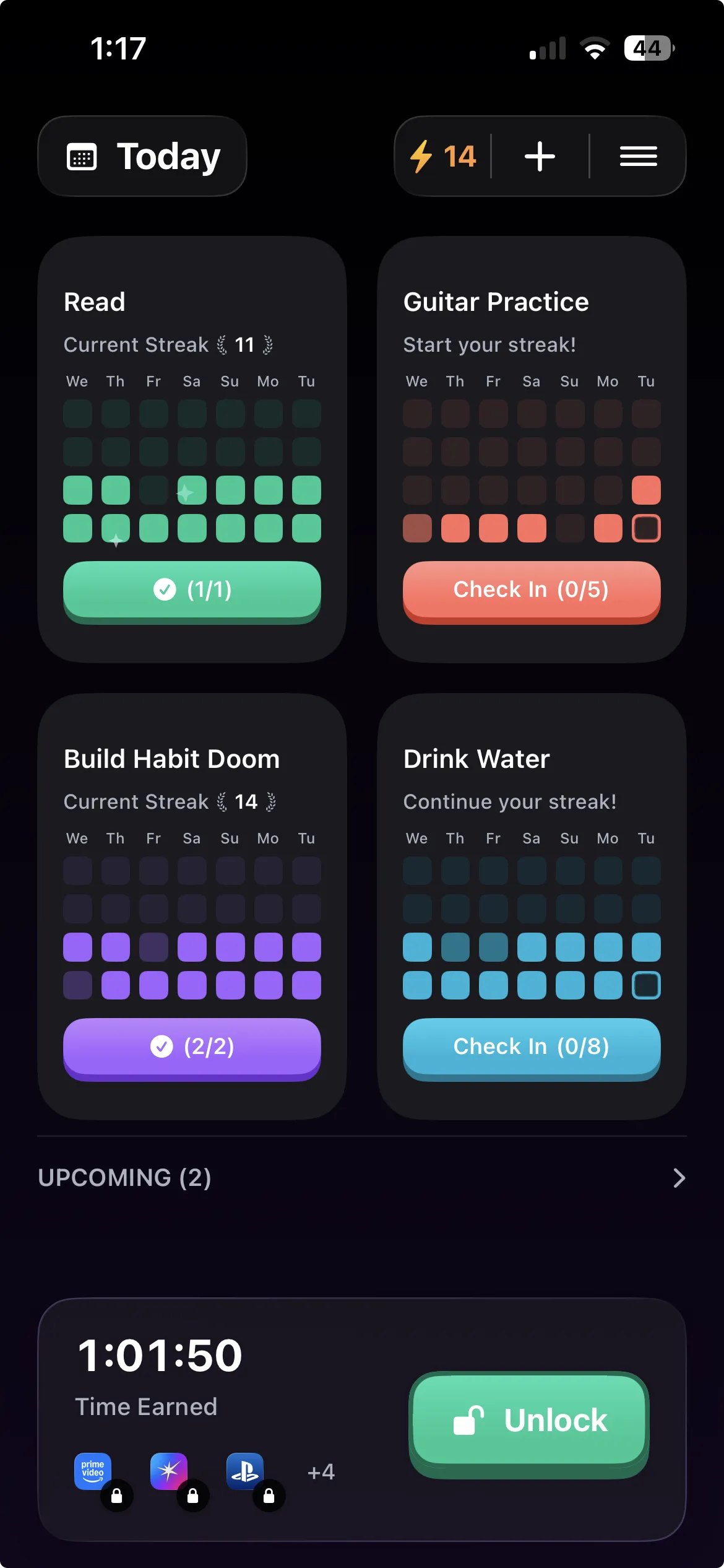 28-day habit completion grid in Habit Doom showing a wall of green squares
