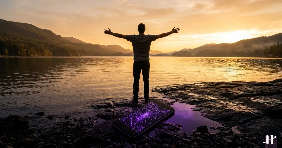 Person disconnecting from devices in nature, purple-toned digital detox illustration