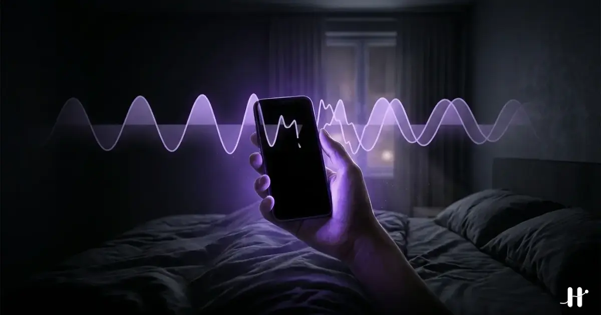 Person scrolling phone in bed at night with sleep cycle disrupted, purple-tinted illustration