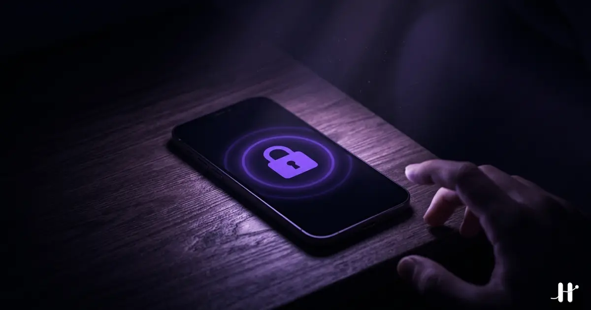 A phone lying face-up on a dark wooden bedside table at night, screen displaying a glowing purple padlock icon with a concentric ring of light, while a hand retreats from reaching toward it at the edge of frame