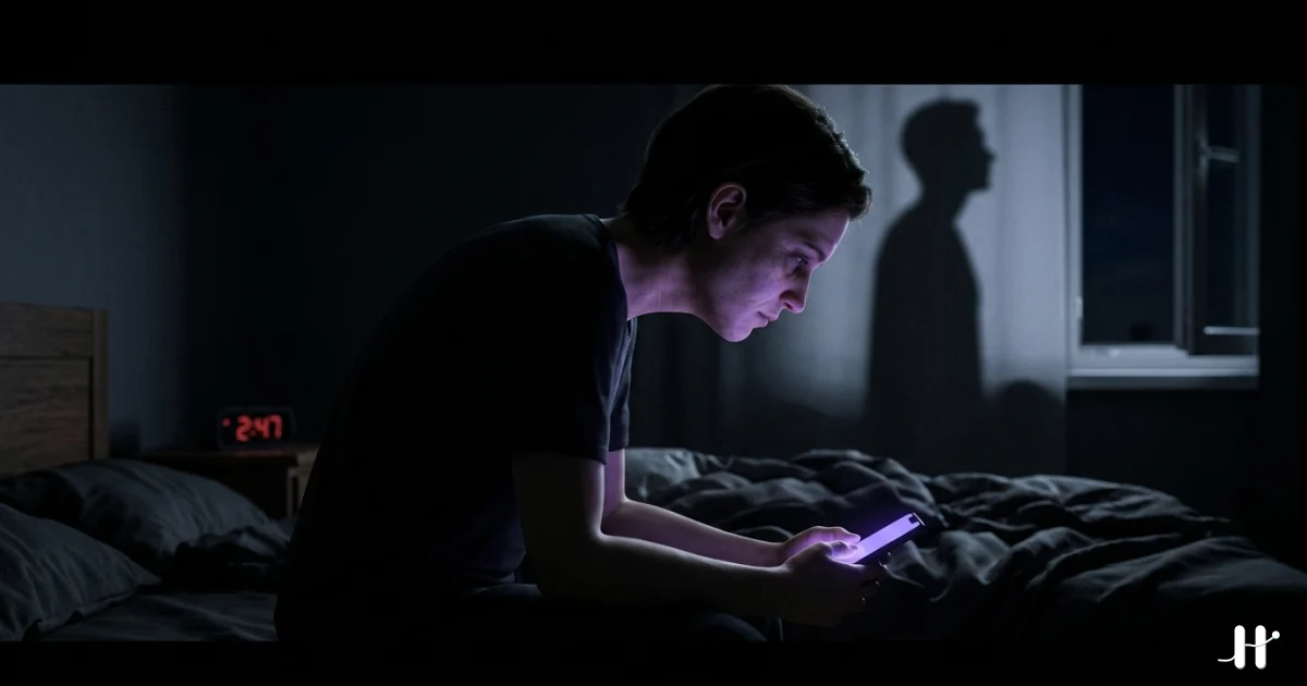 A glowing phone screen casting blue light over a sleeping figure, with a fragmented circadian rhythm wave underneath