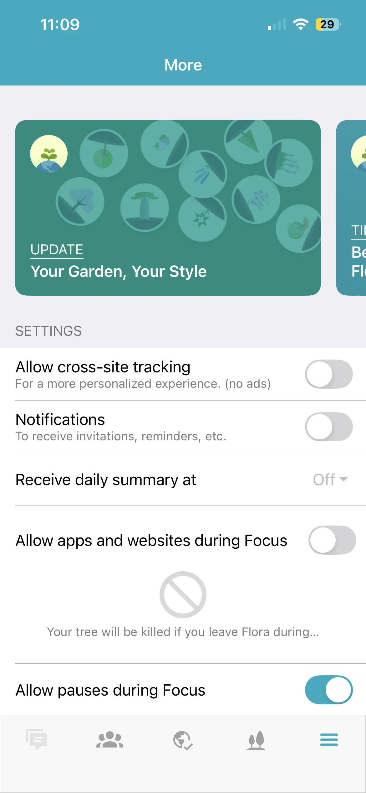 Flora settings with Allow apps and websites during Focus switched off and a note that the tree will be killed if you leave