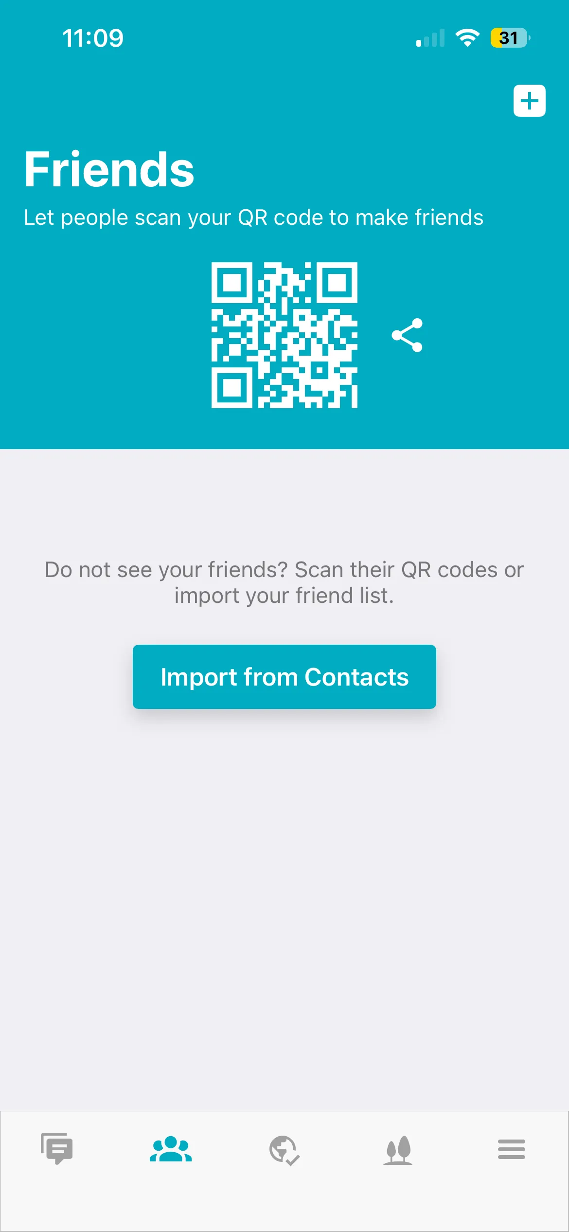 Flora Friends screen with a QR code to add friends and an Import from Contacts button