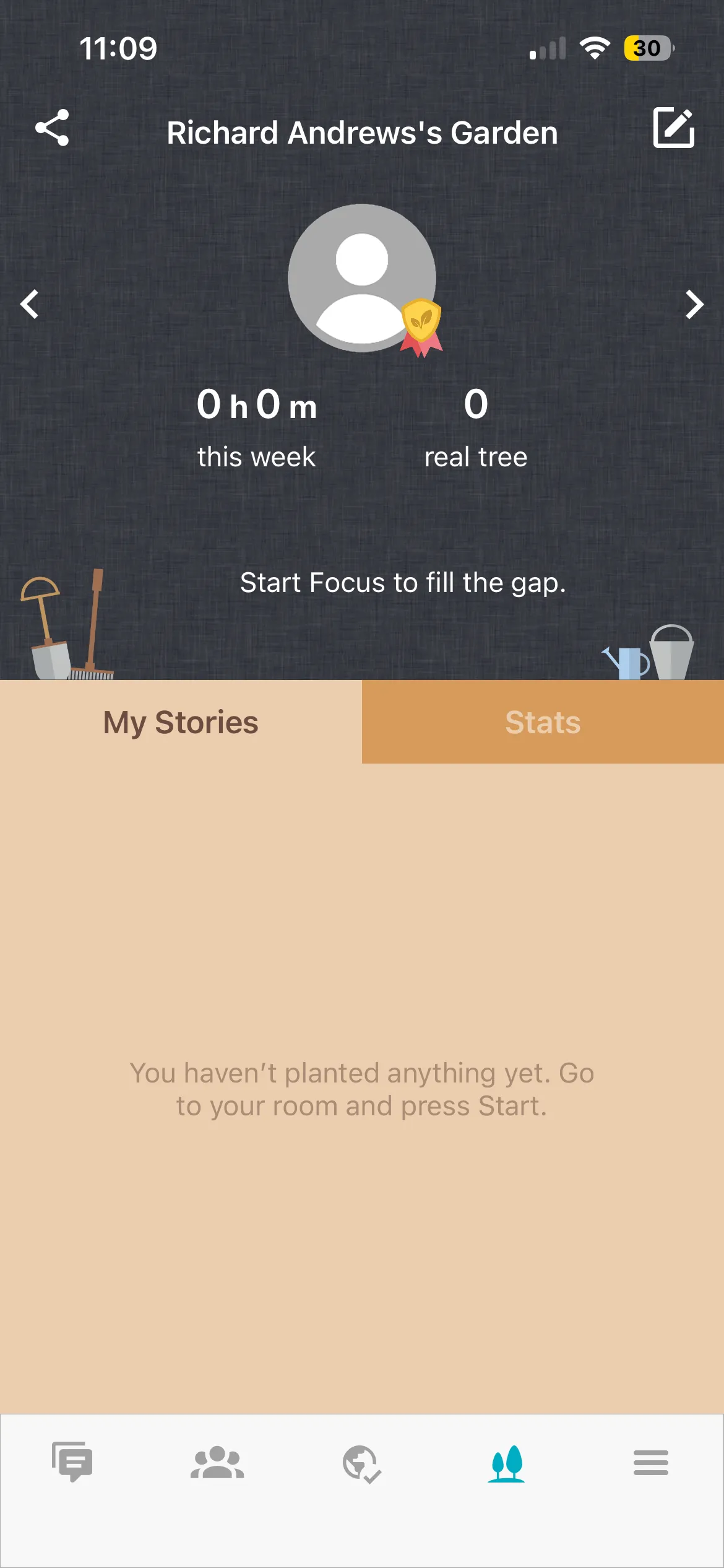Flora garden profile showing focus time this week and real trees planted, with Stories and Stats tabs