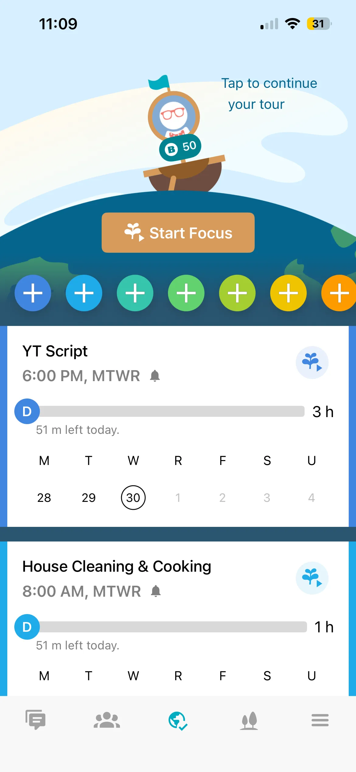 Flora home screen with a Start Focus button and scheduled tasks showing time left today