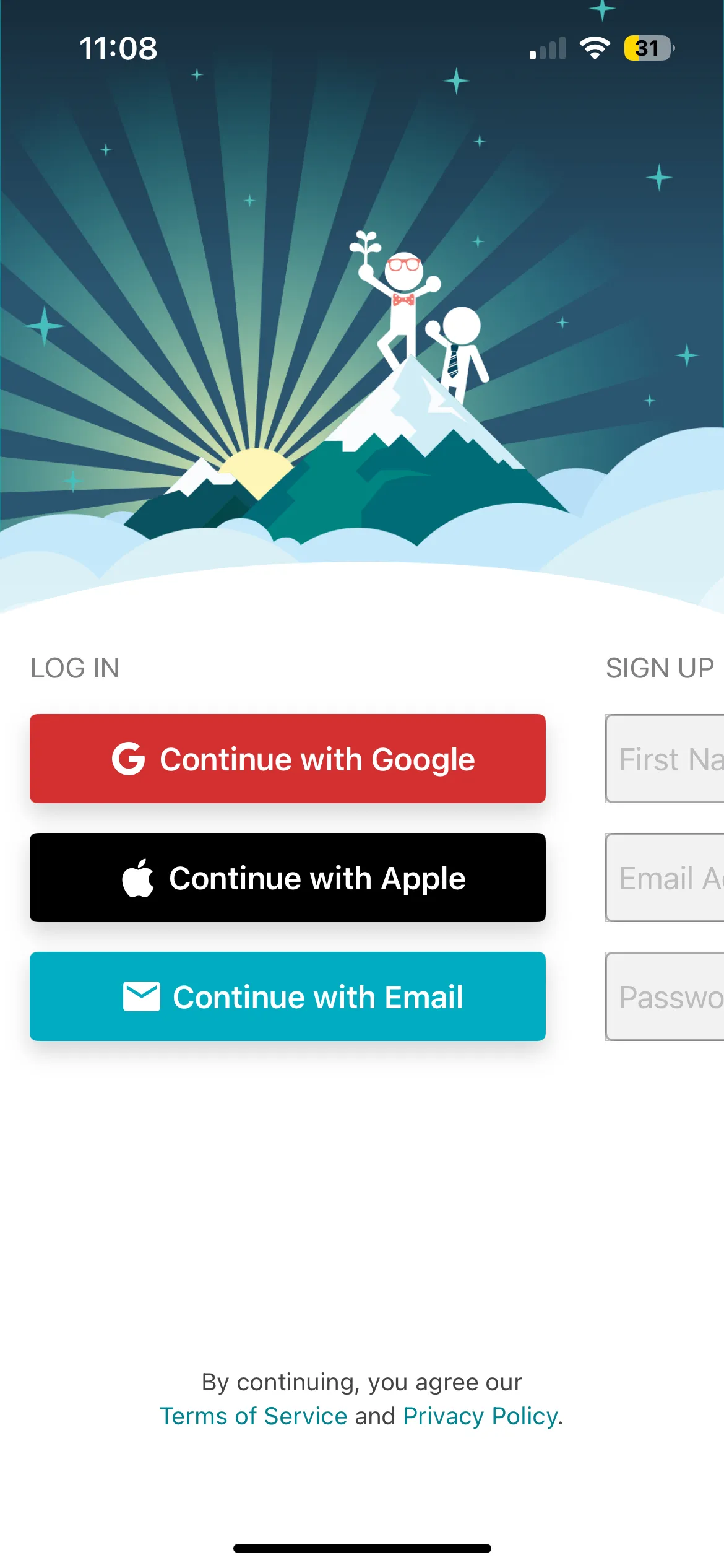 Flora sign in screen offering Continue with Google, Apple or Email