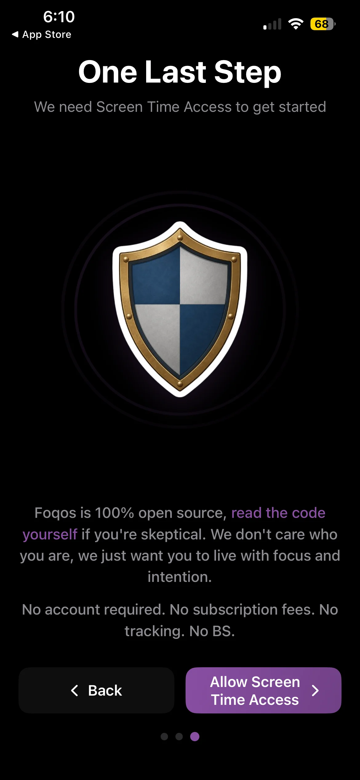 Foqos screen stating it is open source with no account and no subscription