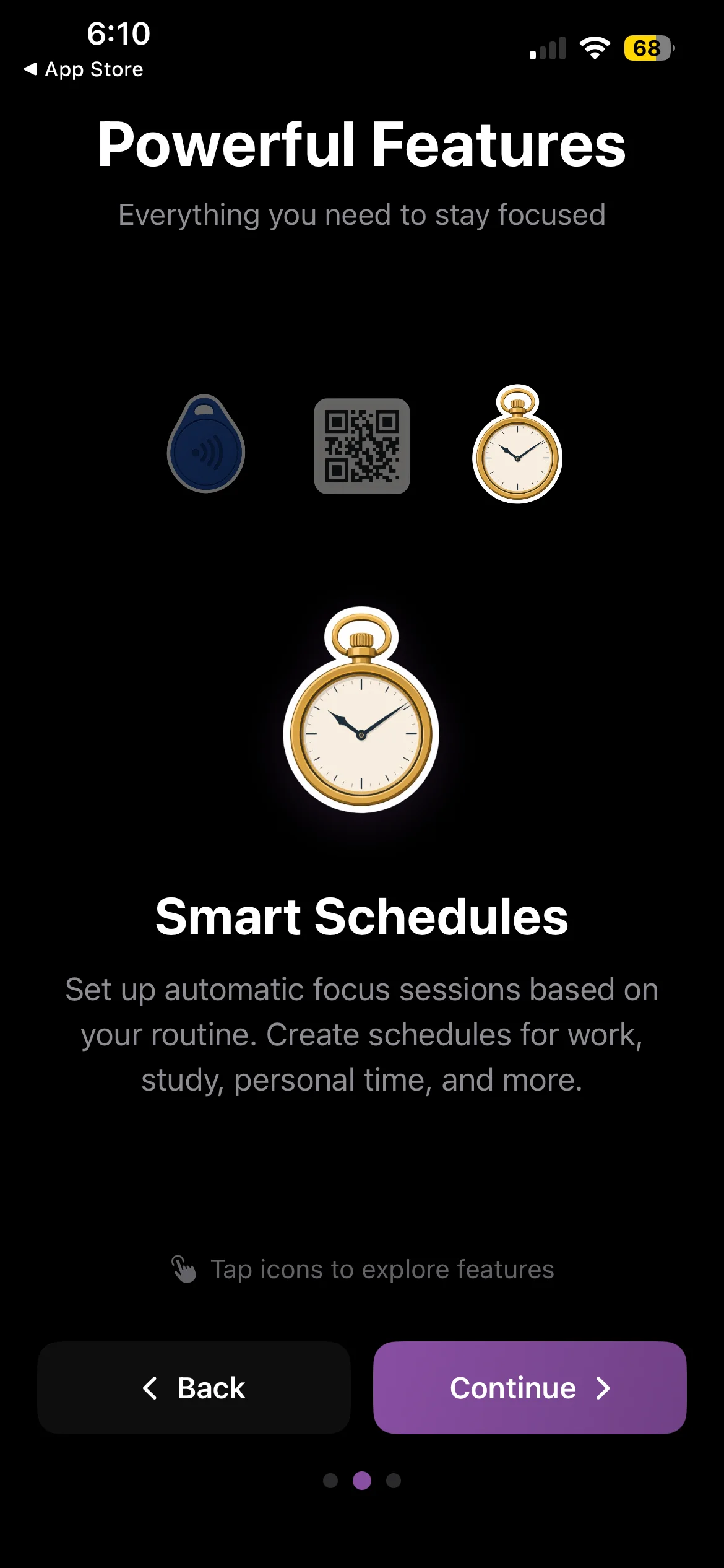 Foqos features screen showing Smart Schedules for automatic focus sessions