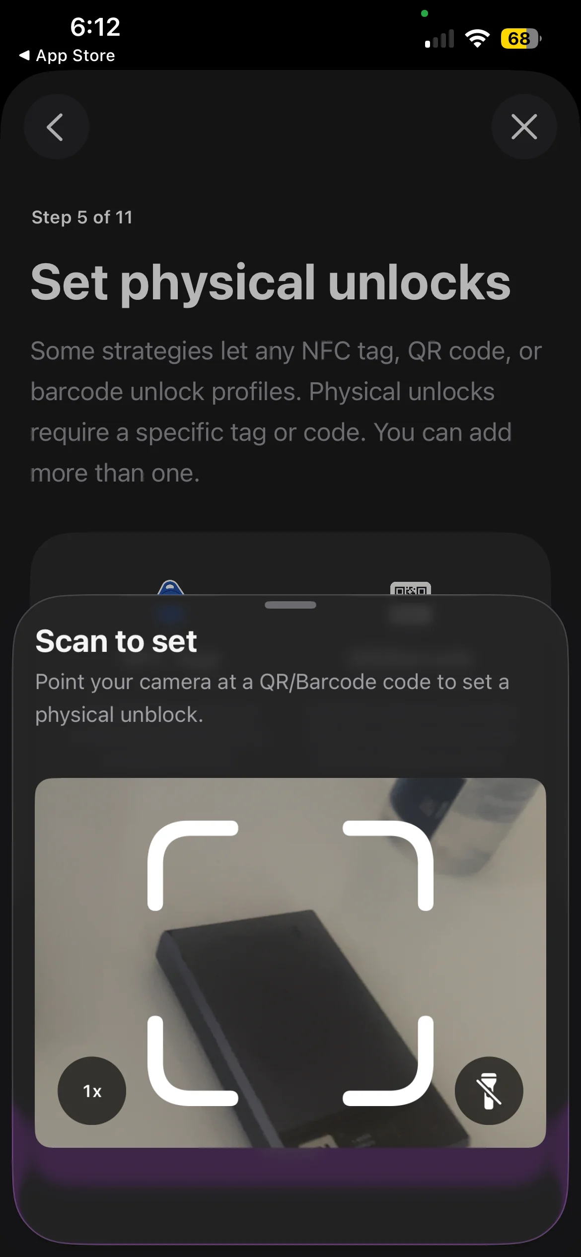 Foqos physical unlock setup accepting an NFC tag, QR code or barcode