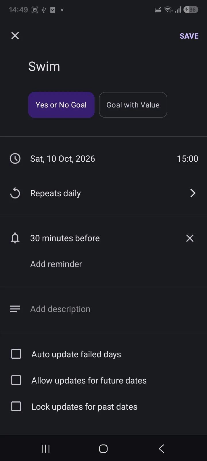 Goal & Habit Tracker Calendar add screen with a Yes or No goal, repeat and reminder settings