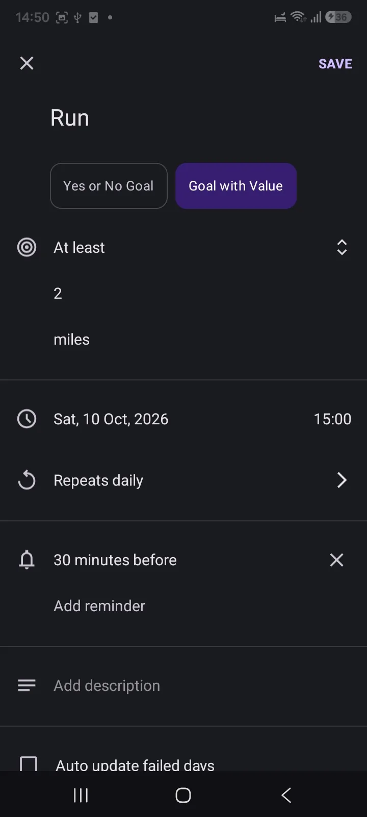 Goal & Habit Tracker Calendar goal with a value set to at least 2 miles