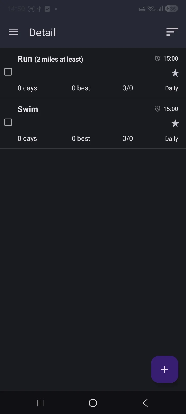 Goal & Habit Tracker Calendar list showing two habits with streak and completion counts