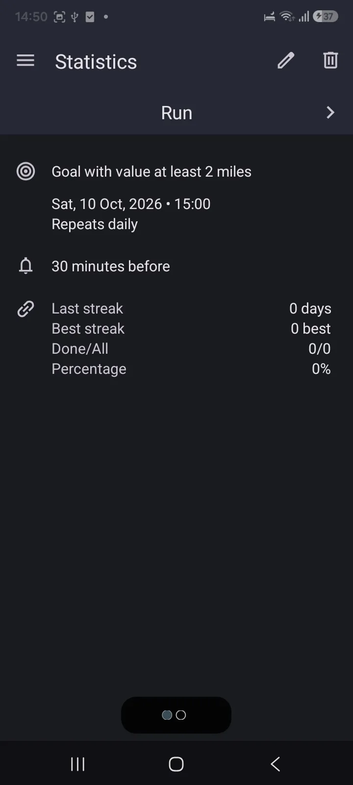 Goal & Habit Tracker Calendar statistics showing last streak, best streak and percentage done