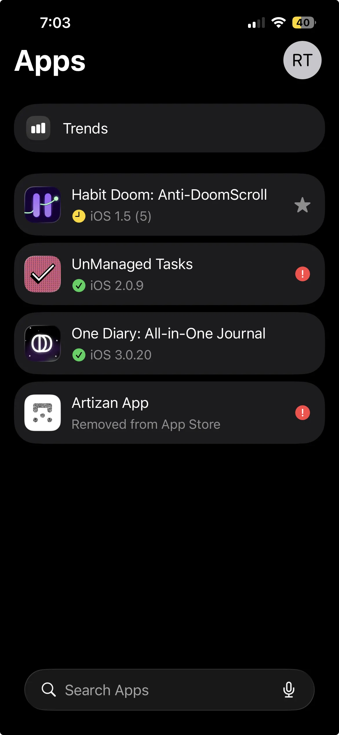 App Store Connect showing multiple apps including one removed from the App Store