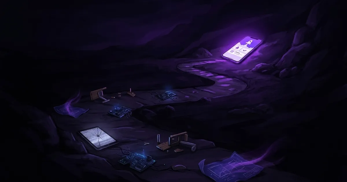 Broken devices and failed apps scattered on dark ground, with one glowing phone showing a habit tracker — the journey from failure to growth