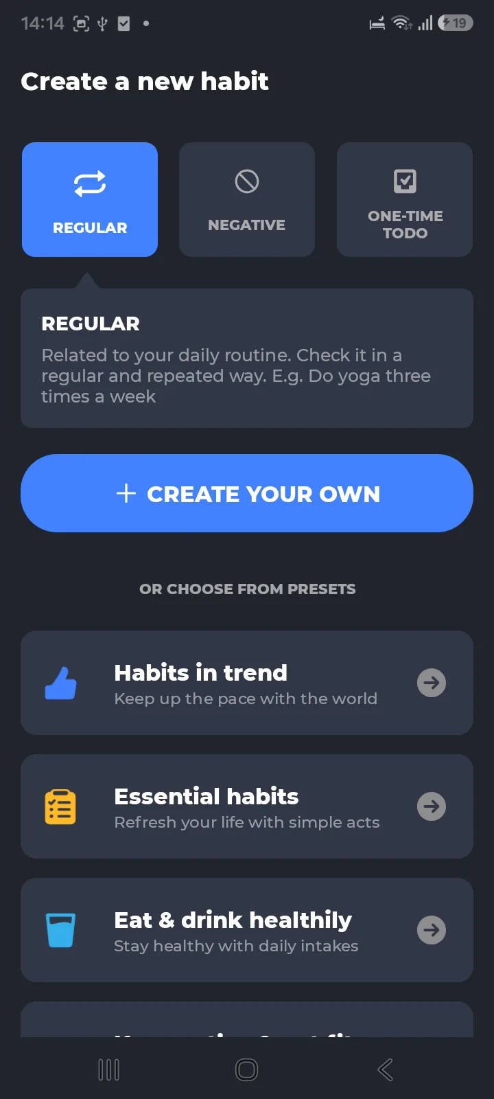 Habit Tracker - Habit Diary create screen offering regular, negative and one-time habits