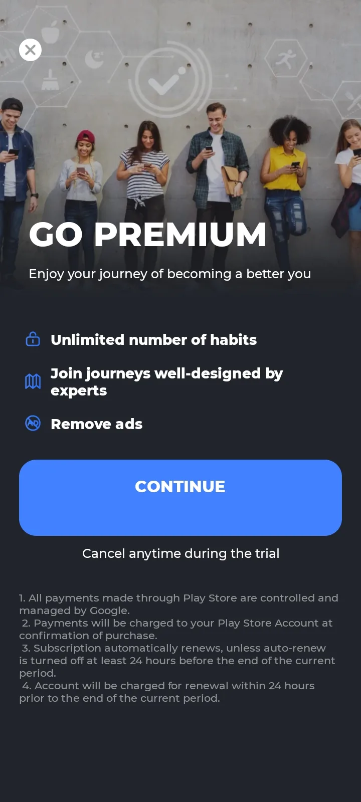 Habit Tracker - Habit Diary Go Premium screen listing unlimited habits, journeys and remove ads, with the local price hidden