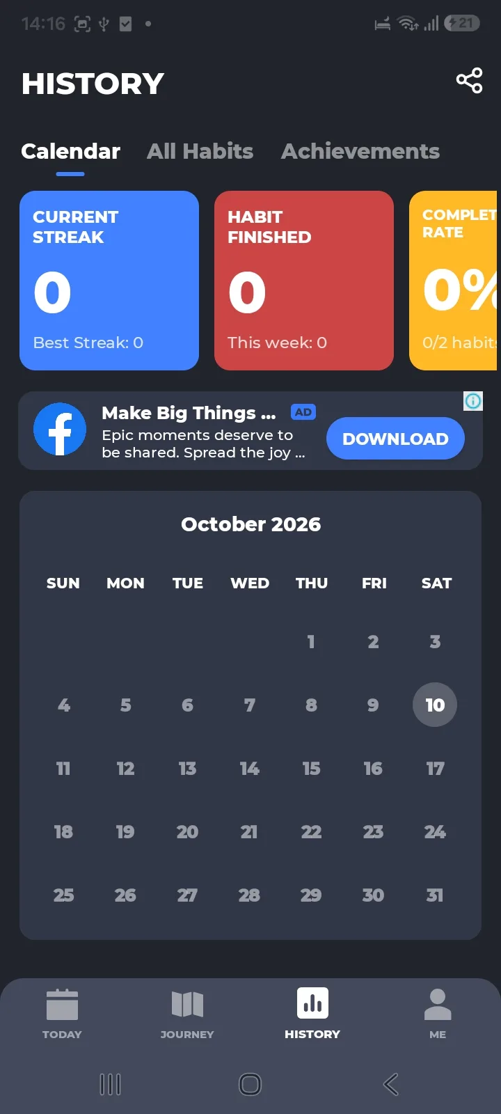 Habit Tracker - Habit Diary History tab with streak tiles and a banner ad above the calendar