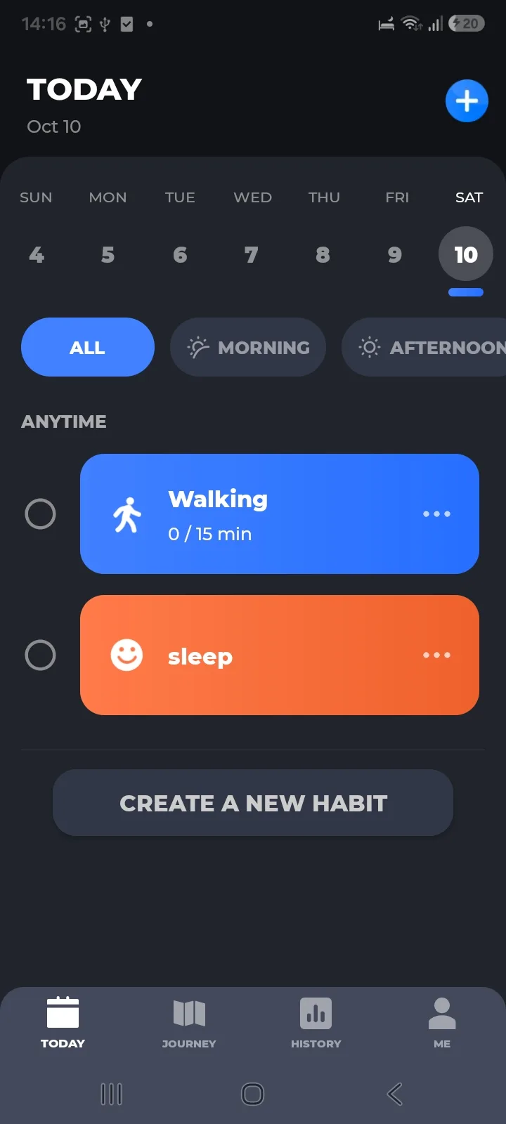 Habit Tracker - Habit Diary Today screen with two habit cards and a create button
