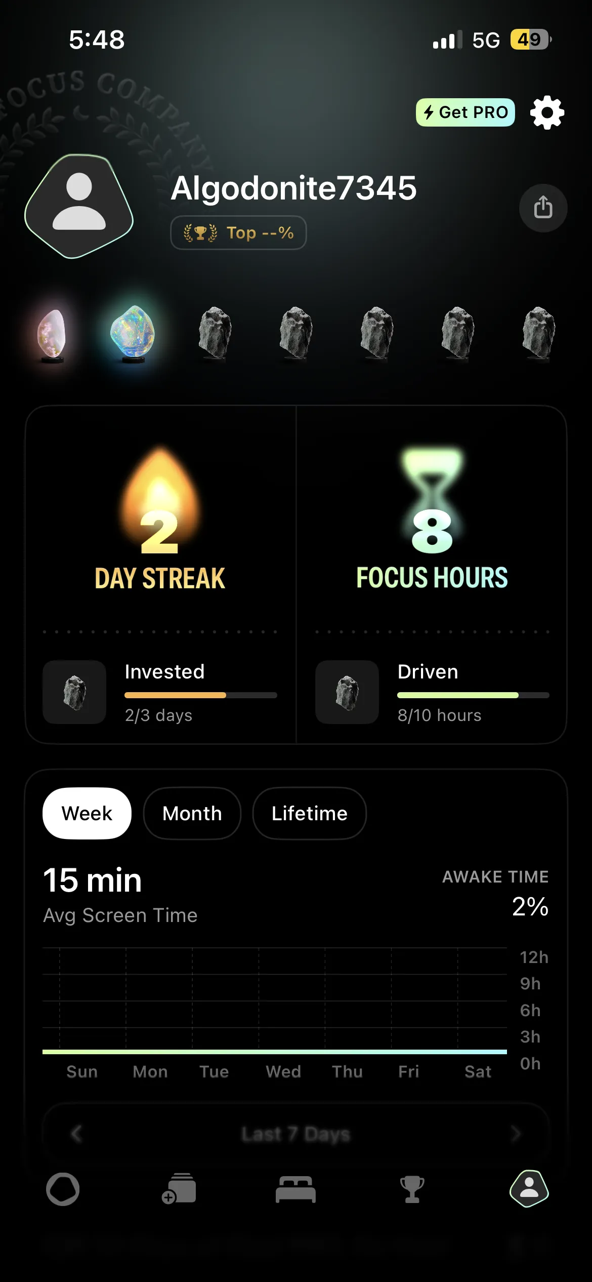 Opal user profile screen with usage statistics