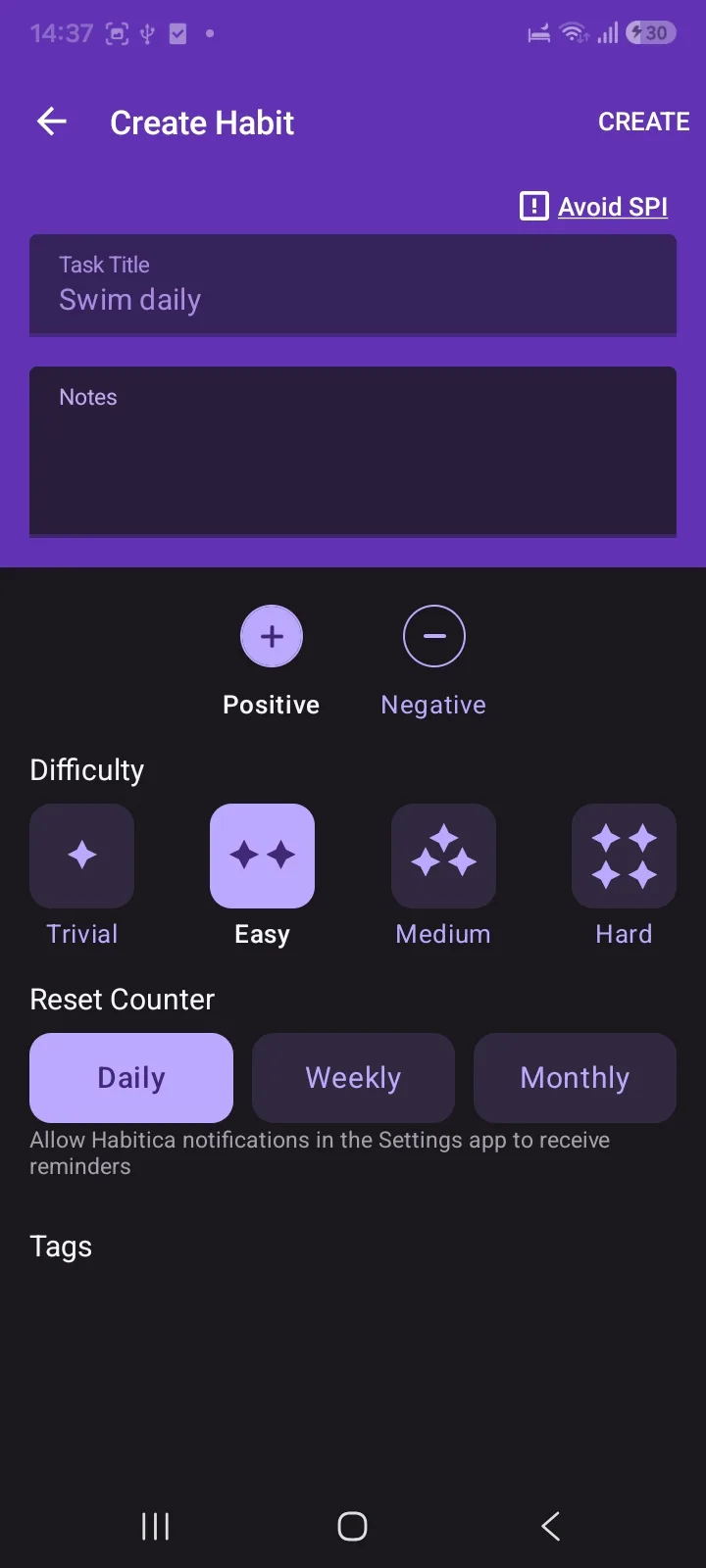 Habitica create habit screen with positive or negative direction and four difficulty levels