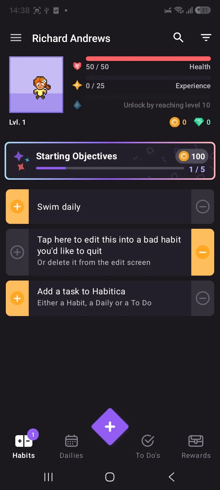 Habitica Habits tab with an avatar, health and experience bars and a habit called Swim daily