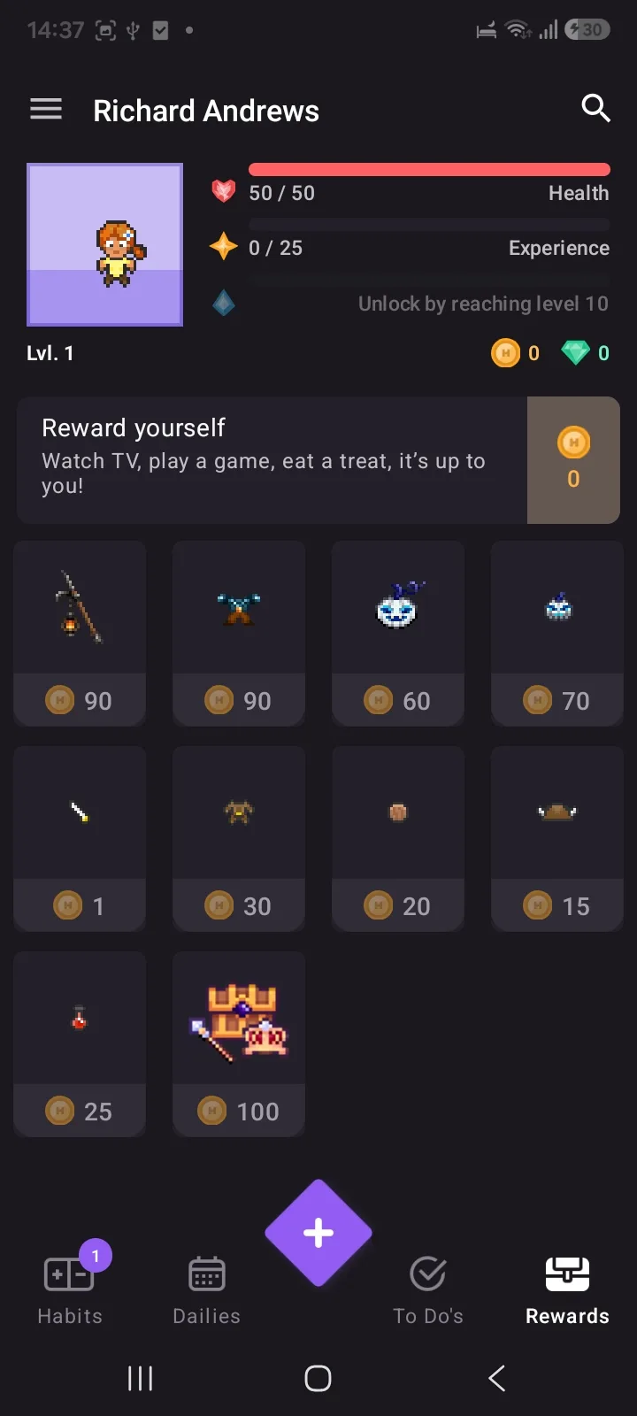 Habitica Rewards tab selling avatar gear for gold