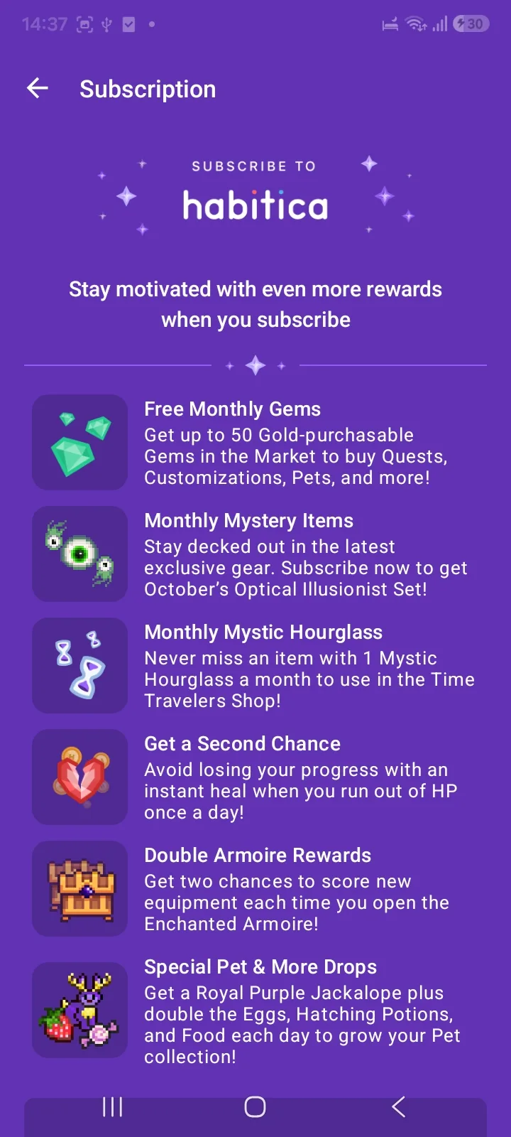 Habitica subscription screen listing monthly gems, mystery items and pet drops
