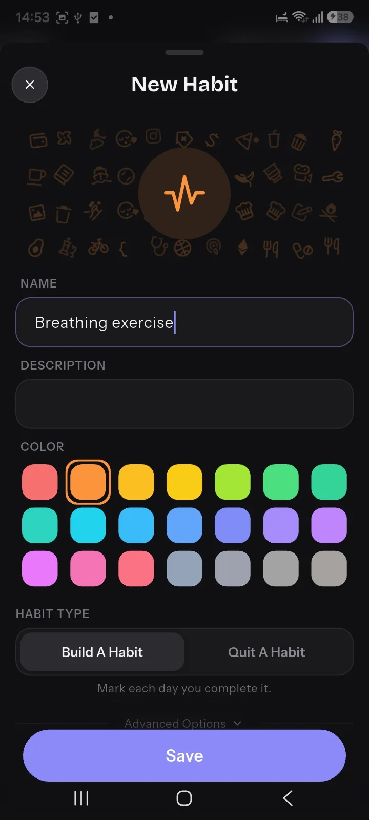 HabitKit new habit screen with icon, name, colour and habit type