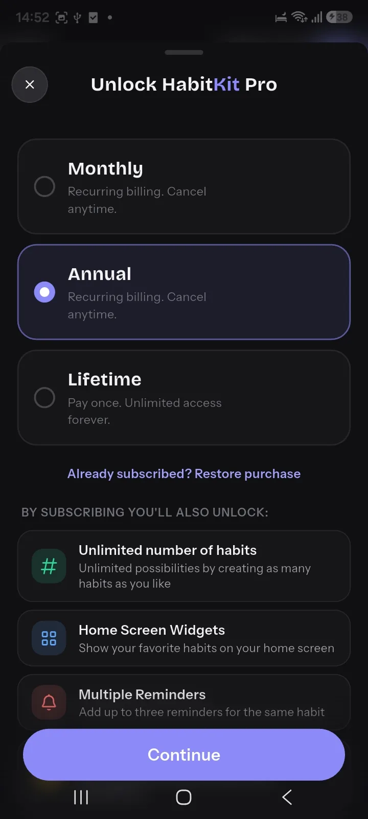 HabitKit Pro screen offering monthly, annual and lifetime plans, with local prices hidden