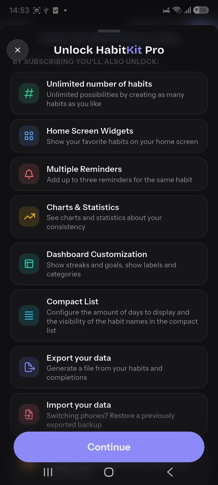 HabitKit Pro list including unlimited number of habits, home screen widgets and multiple reminders