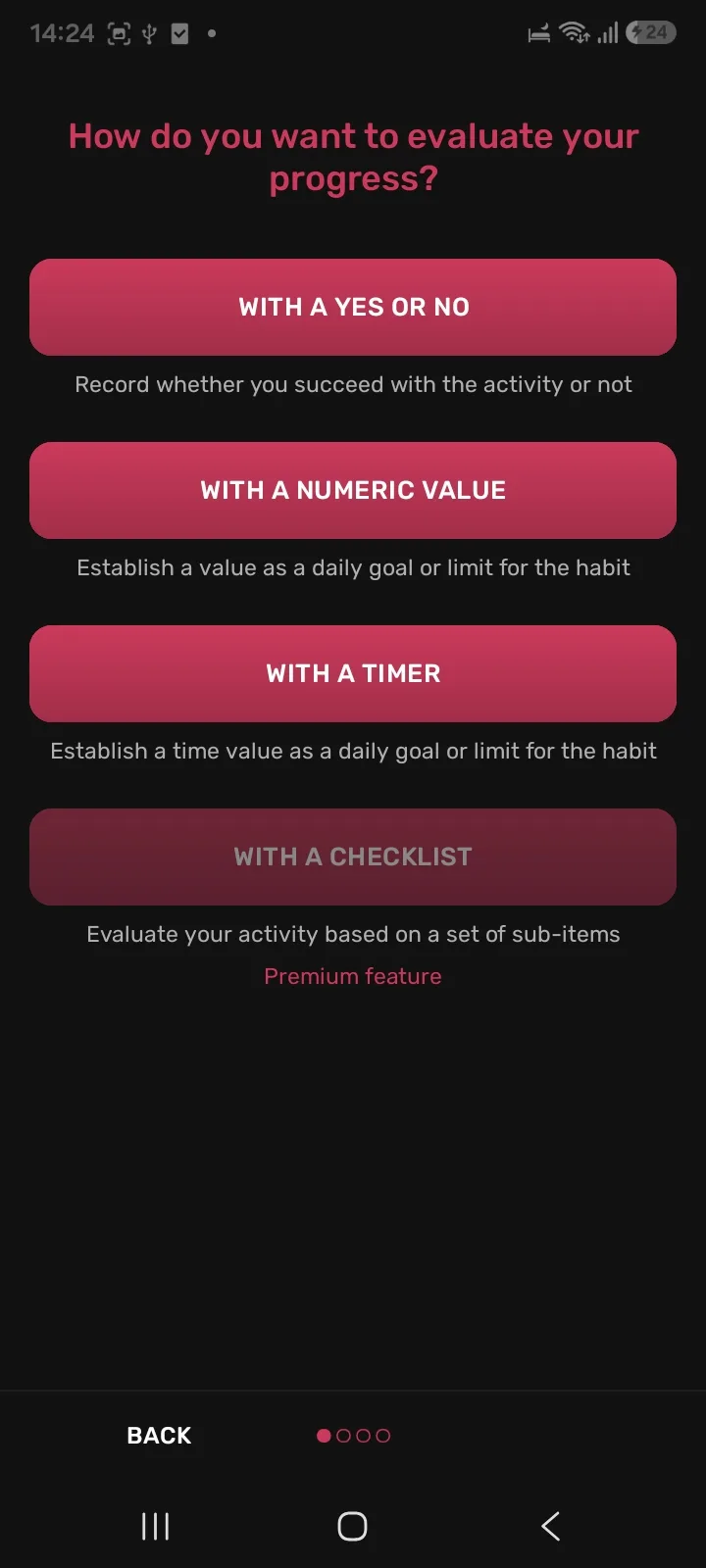 HabitNow asking how to evaluate progress, with the checklist option marked as a premium feature