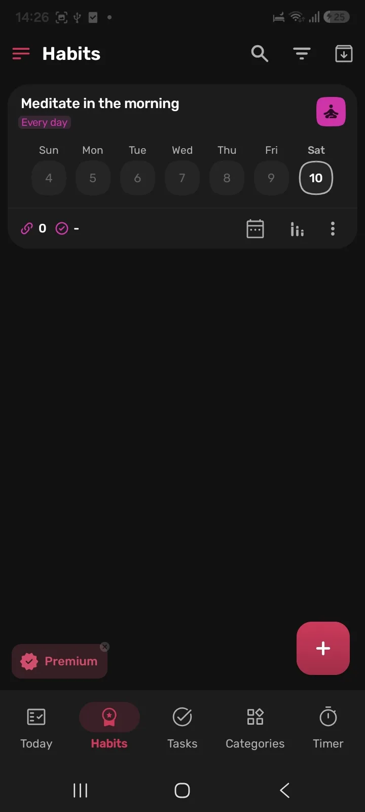 HabitNow Habits tab showing a habit with its week of check-in circles