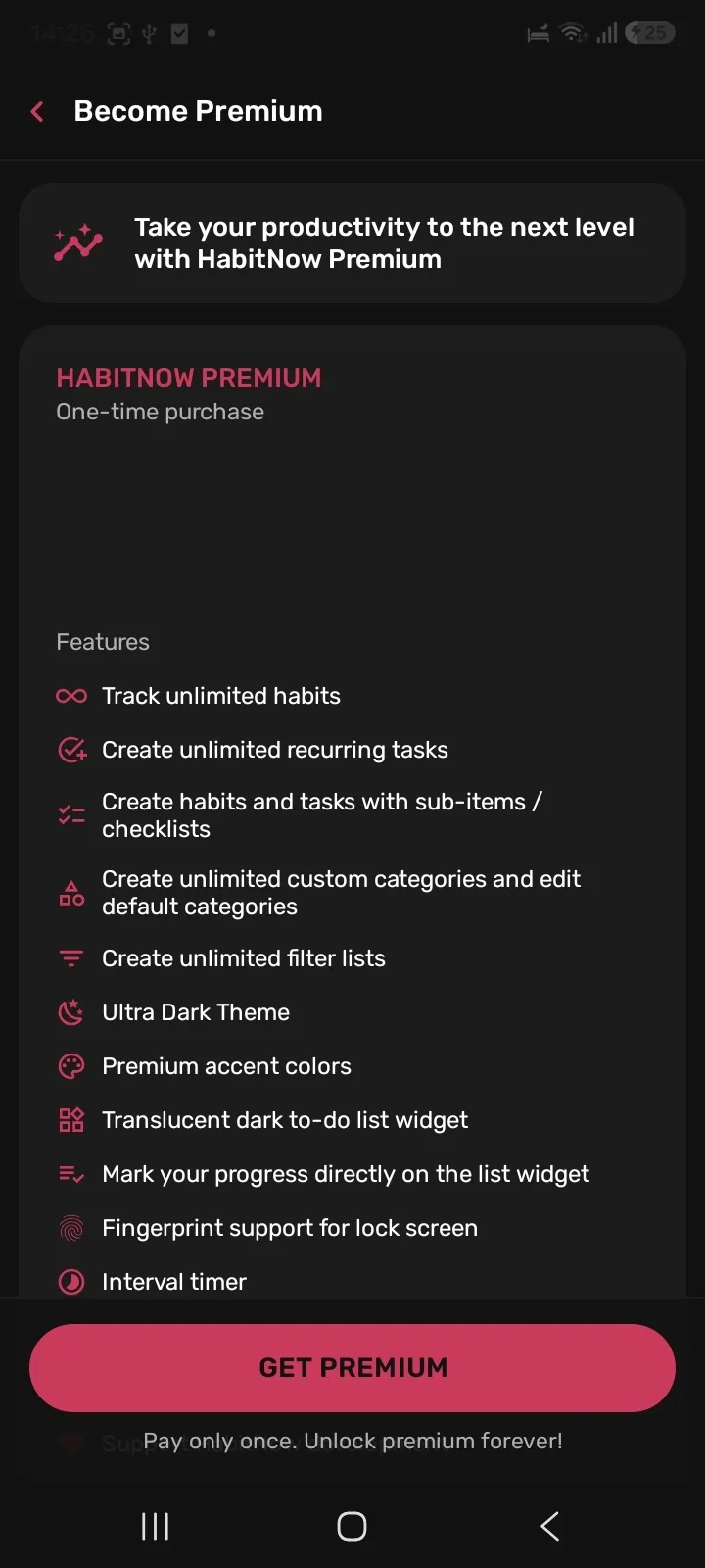 HabitNow Become Premium screen labelled one-time purchase, with the local price hidden