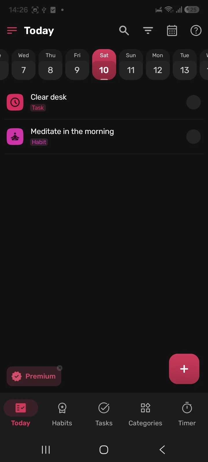 HabitNow Today screen listing one task and one habit under a week strip