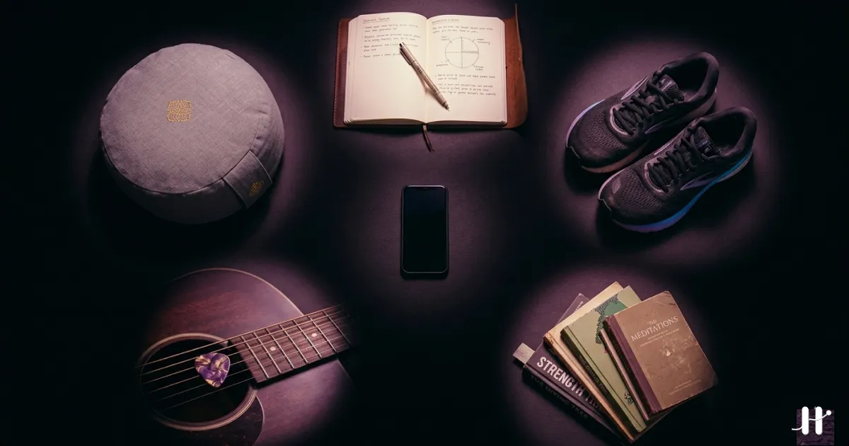 Person choosing healthy habits over phone scrolling, purple-tinted illustration