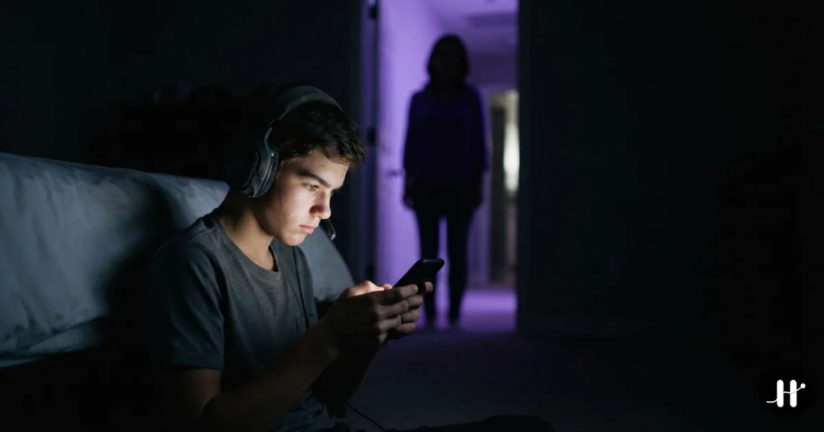 A teenage boy gaming on his phone in a dark bedroom while a parent watches from the lit doorway behind him