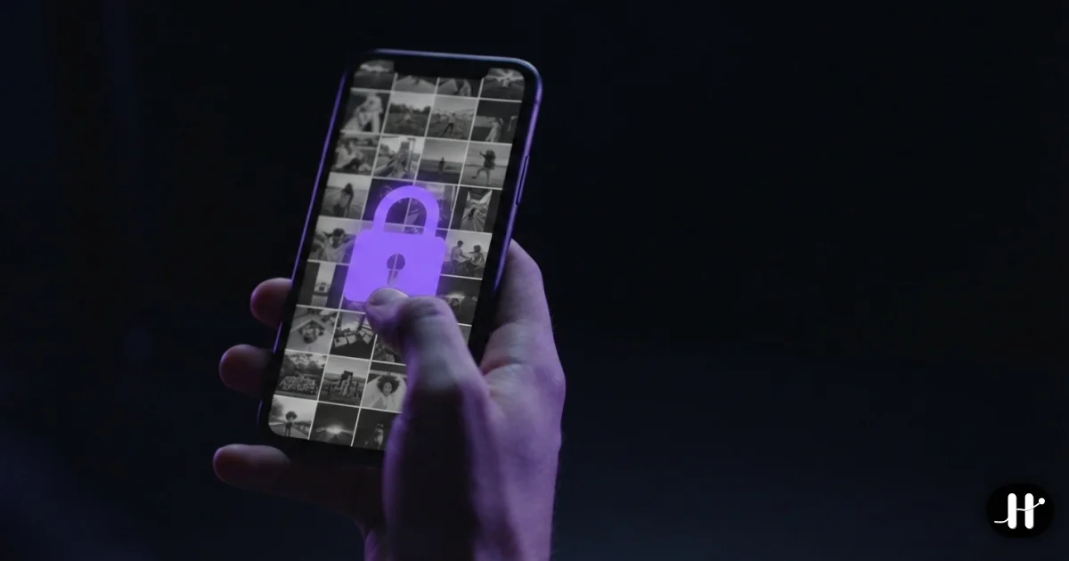 A hand holding a phone showing a greyscale photo grid behind a large violet padlock