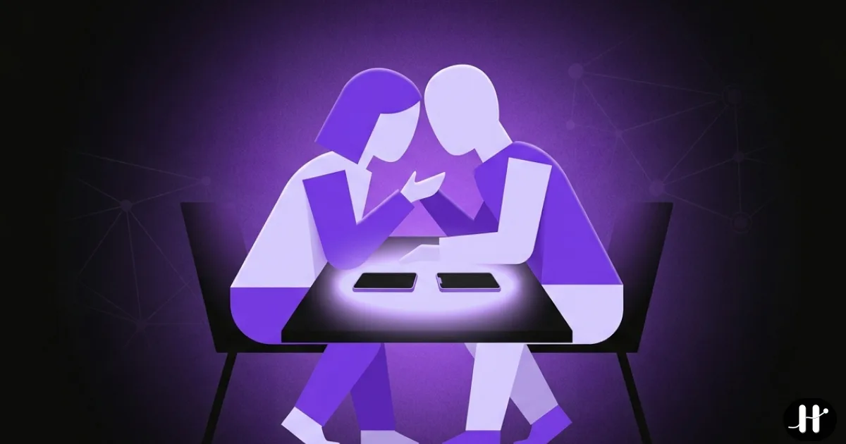 Two phones face-down on a dinner table with a soft violet glow as two people lean toward each other, present