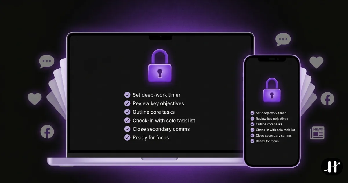 A laptop and an iPhone side by side in a calm violet focus state with a checklist, distractions dimmed