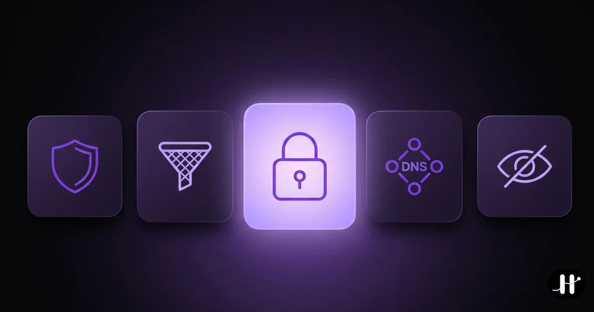 Row of five dark app cards with purple protection glyphs including a shield, filter, lock, DNS node and eye off symbol, one glowing brighter, comparing porn blocker apps for iPhone