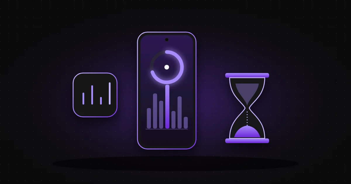 An Android phone showing a usage gauge and daily bar chart beside an hourglass