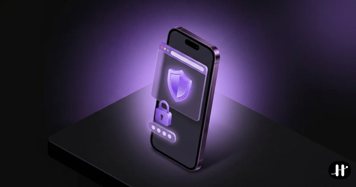 Smartphone showing a browser window with a purple shield emblem and a floating padlock with passcode dots, showing Apple's free Safari adult site filter
