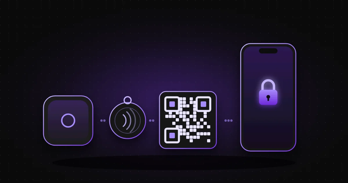 A blocking puck, an NFC tag, a QR code card and a locked phone in a row